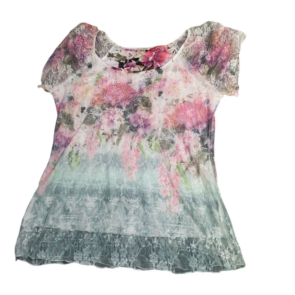 Brittany Black Women's Petite Medium Lace Floral Sequin Fairy Whimsy Top Blouse